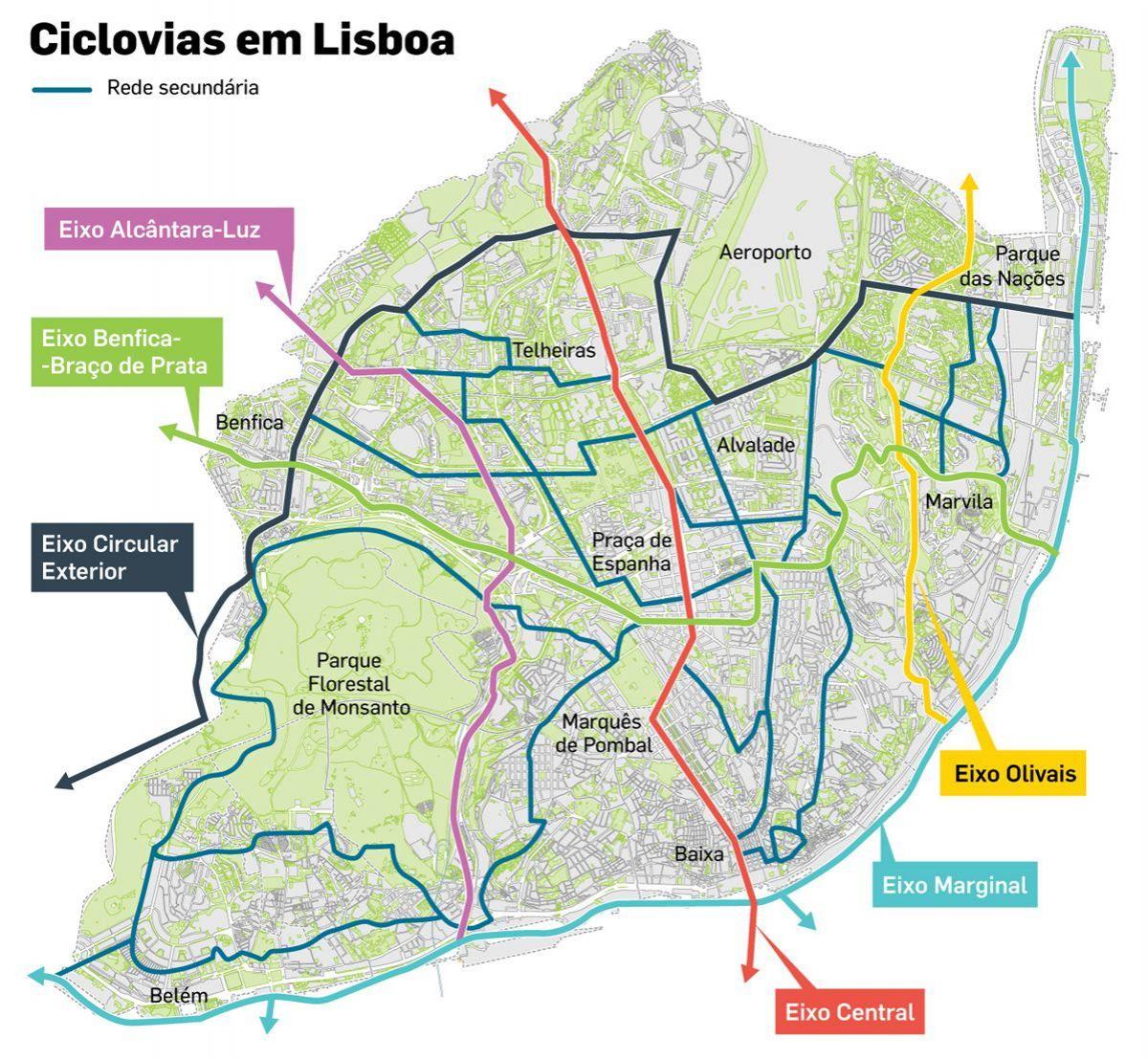 Mapa ścieżek rowerowych Lizbony